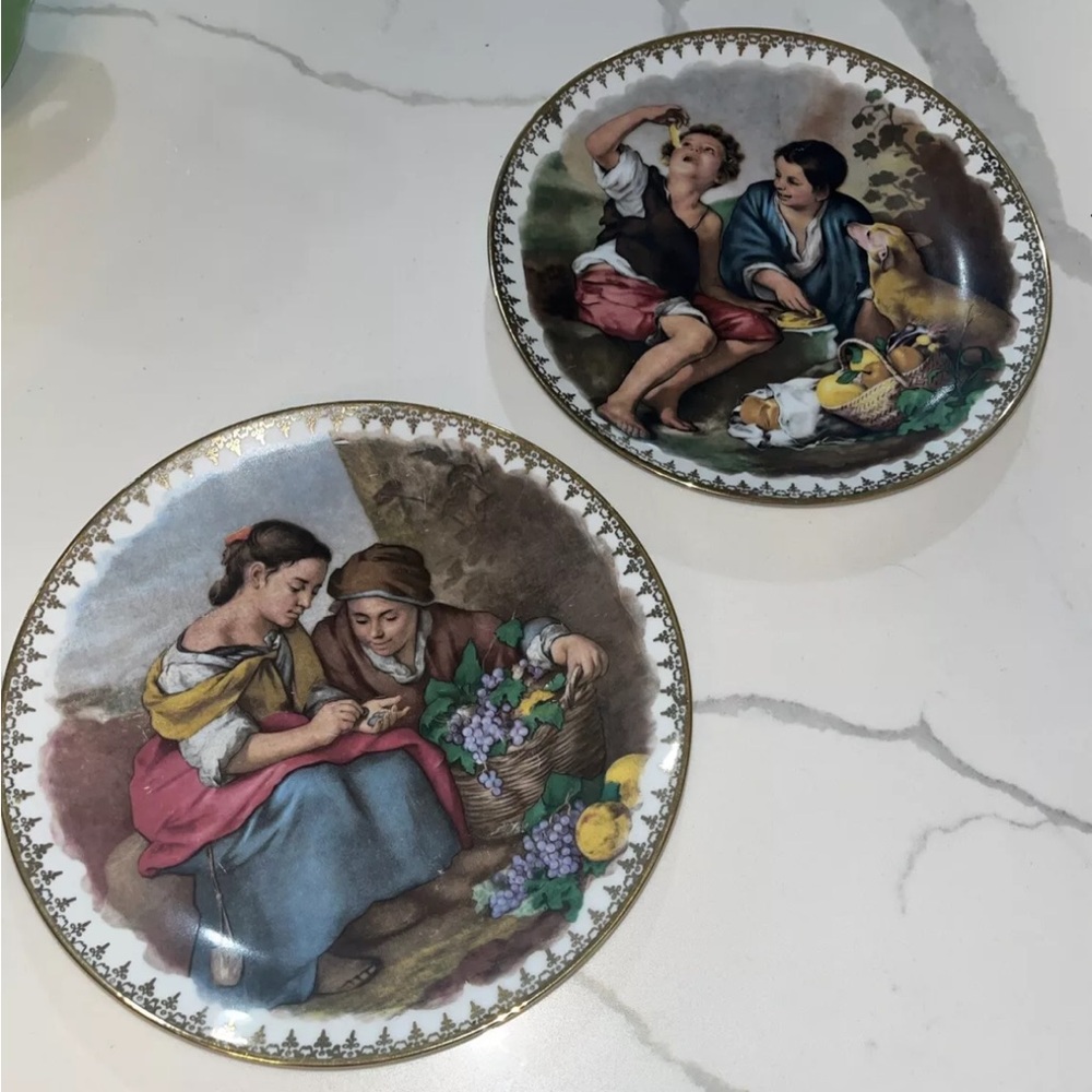 Vintage JWK Germany Porcelain Plates Pair collectible holiday gift Boy Girl Dog